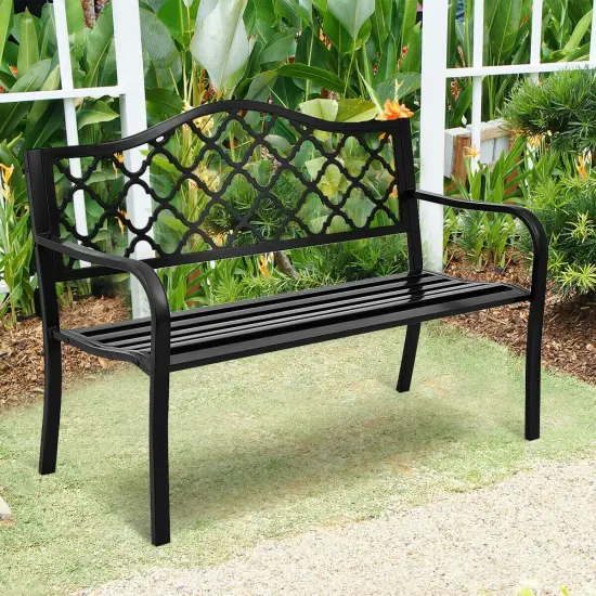Costway 50'' Patio Garden Bench Loveseats Park Yard Furniture Decor Cast Iron Frame Black {3}