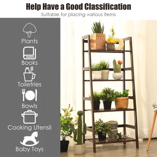 Costway 4-Tier Bamboo Ladder Shelf Plant Display Stand Rack Bookshelf Dark Brown {6}
