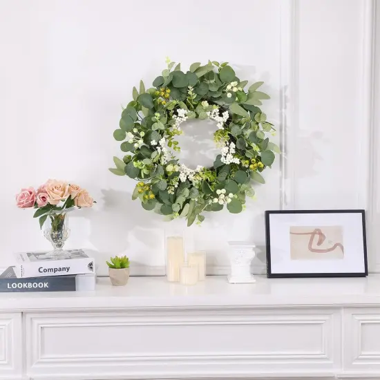 20 Inch Eucalyptus Wreath for Front Door, Spring Green Leaf Door Wreaths Farmhouse with Boxwood Willow Leaves Berries for All Seasons Window Wall Wedding Indoor Outdoor Decor {3}