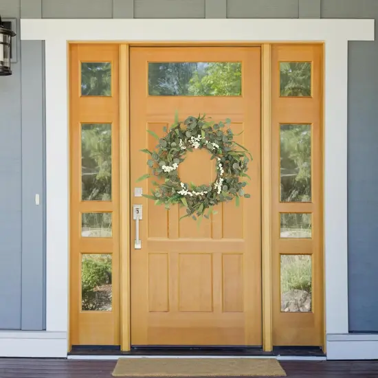 Eucalyptus Wreath, 21 Inch Artificial Wreaths for Front Door with Berries & Green Leaves, Spring {2}