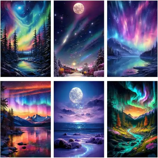 6 Pack Paint by Number Kit for Adults Beginner, Polar Lights Moon Landscape DIY Acrylic Painting Paint by Numbers Kits on Canvas for Gift Home Wall Decor 10x14inch {1}