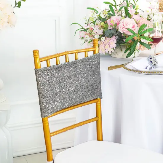 10 Pieces Shimmering Silver Sequin Stretch Spandex Chair Bands 7 x 13 Inches {2}