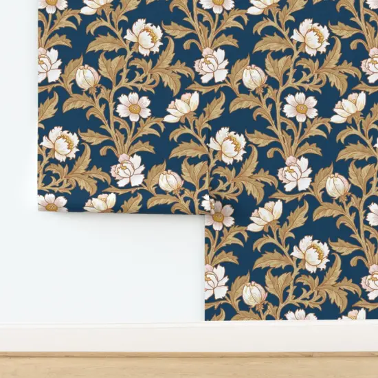 Peel & Stick Wallpaper 2FT Wide Traditional Navy Floral Heritage Revival Botanical White Flower Poppies Roses Peonies Custom Removable Wallpaper by Spoonflower {2}