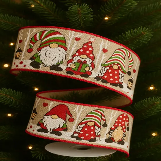 Designer&rsquo;s Shop WR 63-5203 Christmas Gnome Wired Edge Ribbon &ndash; 2.5" x 10 Yards &ndash; Red Green Striped Hats & Holiday Lanterns on Natural Burlap {6}