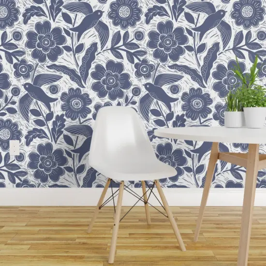 Pre-Pasted Wallpaper 2FT Wide Blue Floral Block Print Birds Hand Drawn Woodcut Summer Stamp Custom Pre-pasted Wallpaper by Spoonflower {1}
