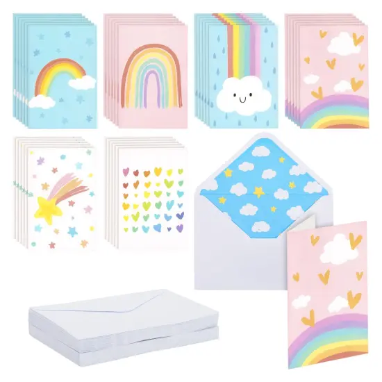 48 Pack Rainbow Cards with Envelopes for Thank You, Baby Shower, Birthday, Kids Stationary, Girls (Pastel, 4x6 In) Multicolor {1}