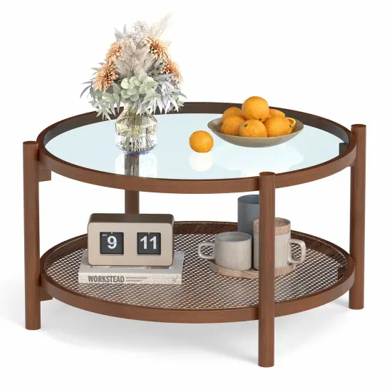 Cherry Wood Rattan Round Coffee Table with Tempered Glass Top 2-Tier {2}