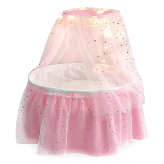 Badger Basket Sweet Dreams Round Doll Bassinet with Canopy and LED Lights - Pink/White/Stars {1}
