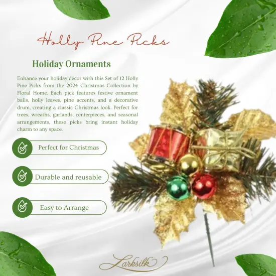 Set of 12: Holly Pine Picks with Gift Box, Ornament Balls, & Drum | Festive Holiday Decor | Trees, Wreaths, & Garlands | Christmas Picks | Home & Office Decor - 2024 Christmas Collection, Floral Home by Artificial Flowers {5}