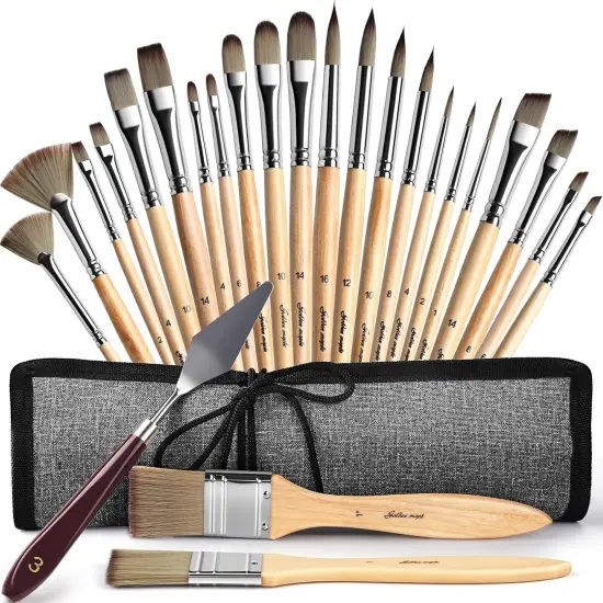 Acrylic Paint Brush Set, Golden Maple 25 PCS Paint Brushes for Acrylic Painting Oil Watercolor & Canvas,Enhanced Synthetic Brush Set with Cloth Roll and Palette Knife {1}