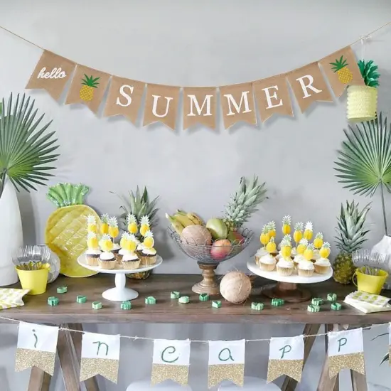 summer banner, hello summer banner, pineapple banner, summer bunting, burlap banner, burlap bunting {1}