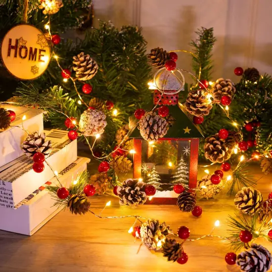 9.8 Ft 60 LEDs Red Berry Pine Cone Battery Operated Christmas Garland Lights with 8 Modes {3}