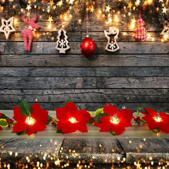 6.5Ft Lighted Poinsettia Christmas Garland with Red Berries and Holly Leaves, {3}