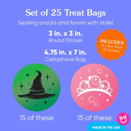 Big Dot of Happiness Pink & Green Witch Stickers and Clear Cookie Bags, Cellophane Treat Bags 4.25x7 Inches, Birthday or Halloween Favor Gifts - 25 Ct {4}