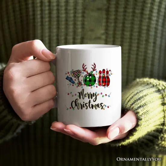 Bowling Buffalo Plaid Christmas Mug, Ball Pins and Trophy {1}