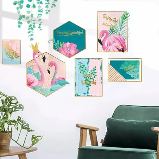 WALL STICKER Pink Green Flamingo Frame Tropical Leaves Removable PVC Living Room {1}