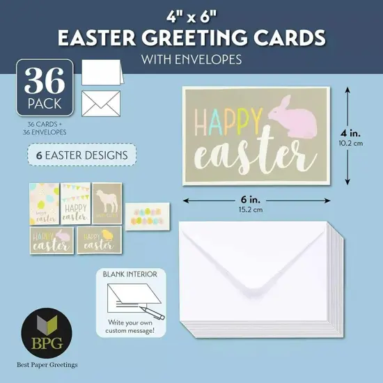 36x Happy Easter Blank Greeting Cards with Envelopes, 6 Assorted Design, 4x6 In {3}