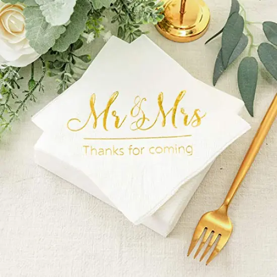 Napkins Mr and Mrs Gold Cocktail Beverage Dessert for Wedding Shower Engagement Party Decorations, Cake Table Decor Supplies. 100 Pcs, 3-Ply {1}