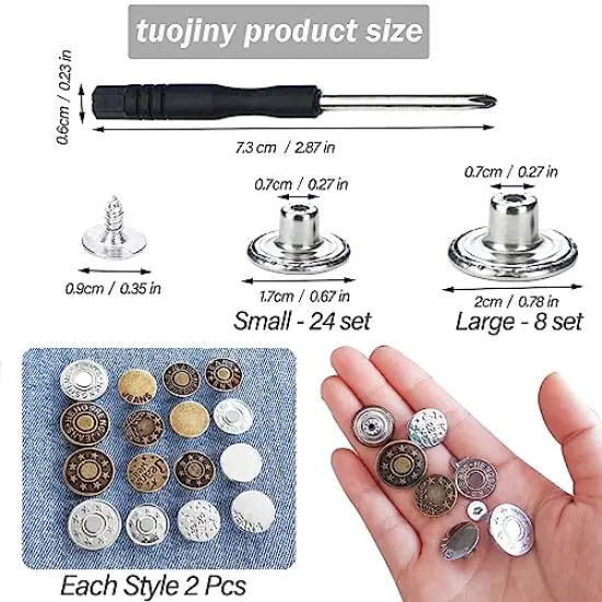 32 Sets Jeans Buttons Replacement, 17 mm and 20mm No-Sew Removable Metal Buttons Replacement Repair Combo Thread Rivets and Screwdrivers in Storage Box, Women and Men's Jeans Clothing Supplies {5}