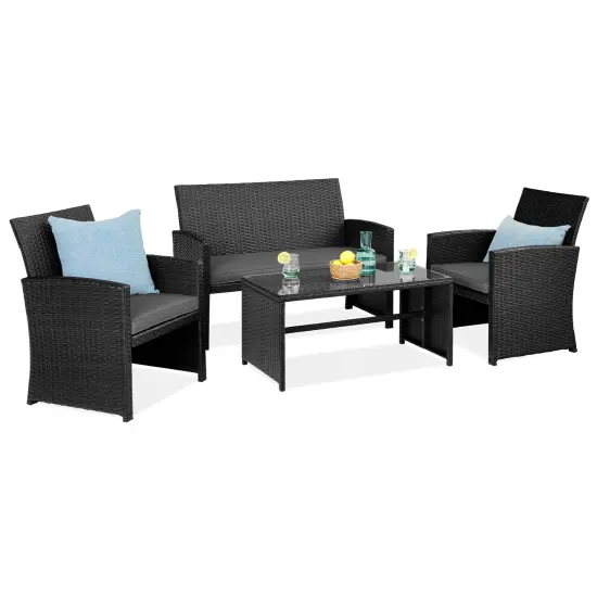 Best Choice Products 4-Piece Outdoor Wicker Patio Conversation Furniture Set w/ Table, Cushions Black/Gray {1}