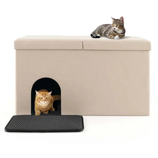Costway Cat Litter Box Enclosure Hidden Furniture Cat Washroom Shoe Storage Bench Beige/Grey {7}