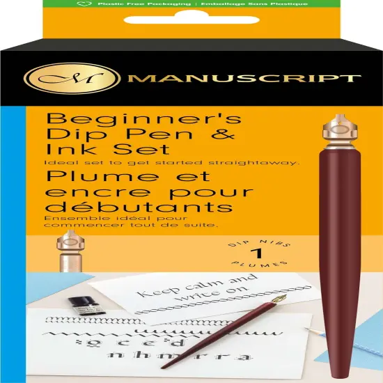 Manuscript Beginner's Dip Pen & Ink Set-Round Hand W/Holder & Black Ink {1}