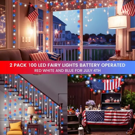 2 Pack Red White and Blue Fairy Lights Battery Operated, 33FT 100LED July 4th Patriotic String Lights with Timer, 8 Modes Waterproof Twinkle Light Indoor Outdoor for Independence Day National Day {4}