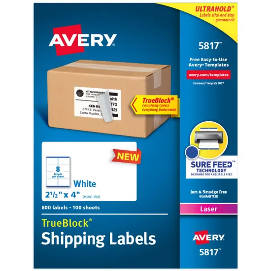 Avery Printable Blank Shipping Labels, 2.5" x 4", White, 800 Labels, Laser Printer, Permanent Adhesive (5817) {1}