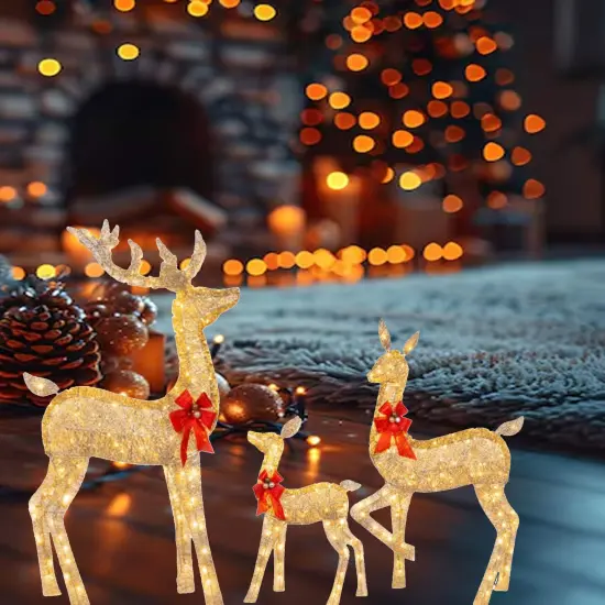 Handwoven Champagne Holiday Deer Family for Rustic Christmas Decorations 63" + 52" + 37" {2}