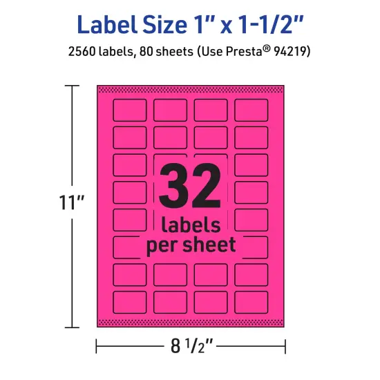 Avery Neon Magenta Paper Labels, 1" x 1.5" Rectangle {5}