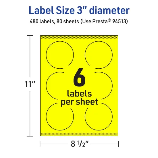 Avery Neon Yellow Paper Labels, 3" Diameter Round {5}