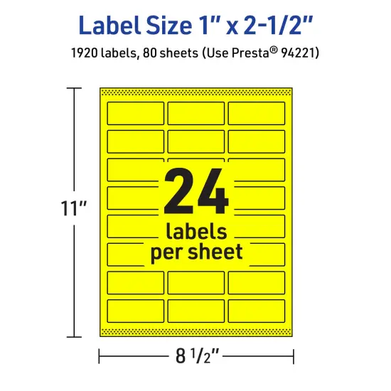 Avery Neon Yellow Paper Labels, 1" x 2.5" Rectangle {5}