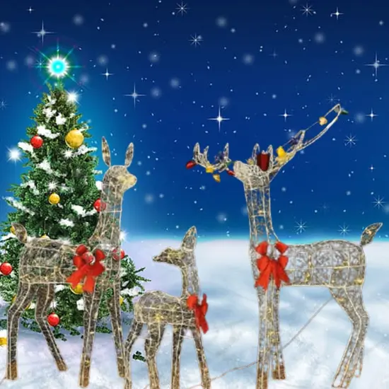 Prelit Outdoor Deer Family Trio with Iridescent PVC and Red Bows 52"+46"+29" {3}