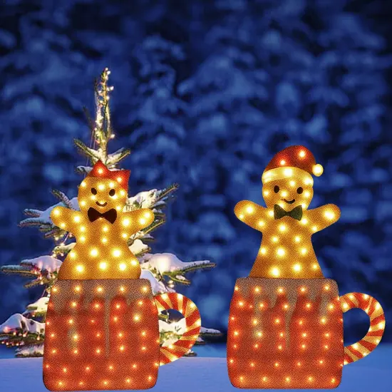 Pair of Mug Gingerbread Men 40" & 42" Lighted Holiday Yard Decorations with Box {1}