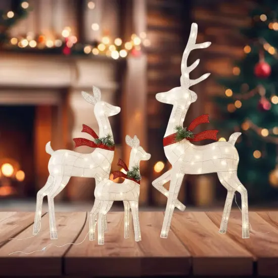 Luxurious White Cotton Thread Lighted Deer Family Set for Holiday Decor 60"+48"+32" {2}