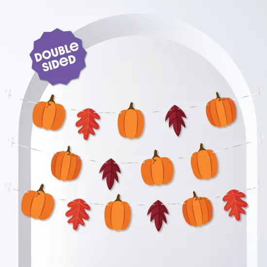Big Dot of Happiness Fall Friends Thanksgiving Pumpkin Garland Banner, Decorations Backdrop, 30 Feet of Cord, 15 Paper Pumpkins and Autumn Leaf Shapes {3}