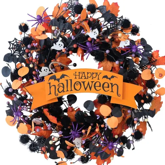 22 Inch Halloween Orange Black Boxwood Wreath {1}
