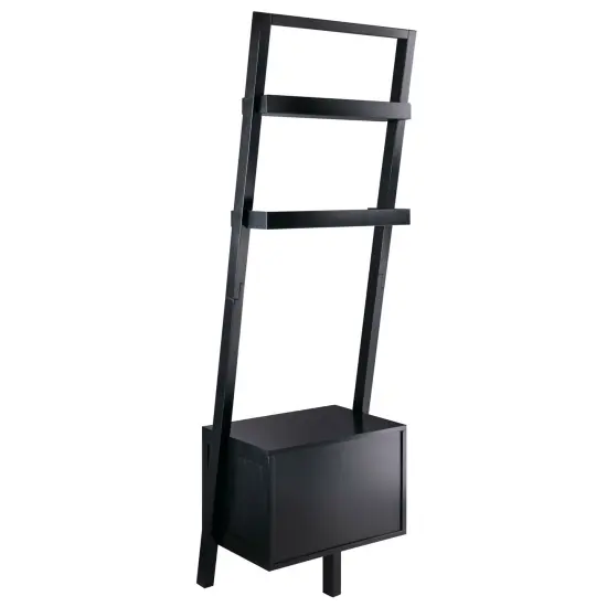 Modern Black Leaning Ladder Bookshelf with 2 Drawers and 2 Shelves for Entryway or Living Room {2}