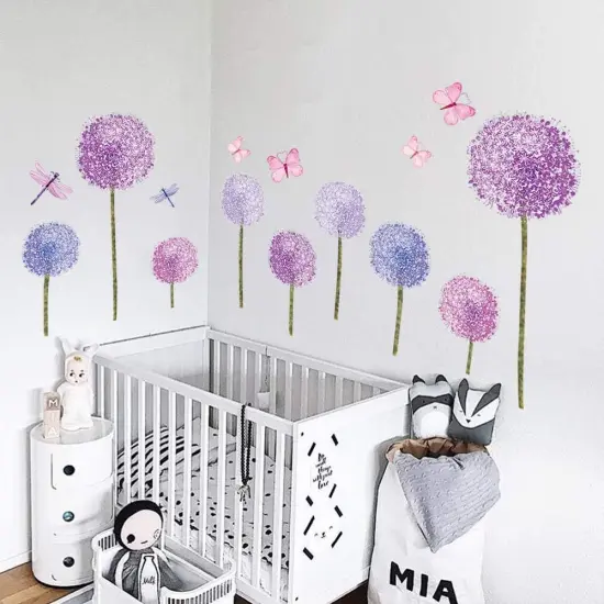 Purple Dandelions Wall Stickers Butterflies Flower Wall Decals {2}