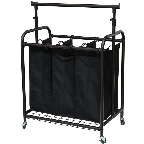 Bronze-Black Polyester 3-Bag Laundry Sorter Hamper with Adjustable Hanging Bar and Casters {4}