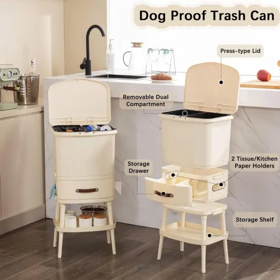Cream Polypropylene Trash Can Dual-Compartment Storage Bin with Drawer and Tissue Holders {5}