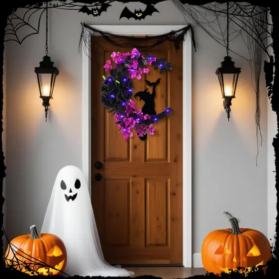 Halloween Wreaths Moon Black Cat Wreath for Front Door with Bat, Rose Flower, 14 Inch {3}