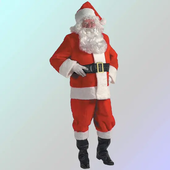 Rental Quality Santa Suit, Coat Pants Hat Belt Gloves Boot Tops {1}
