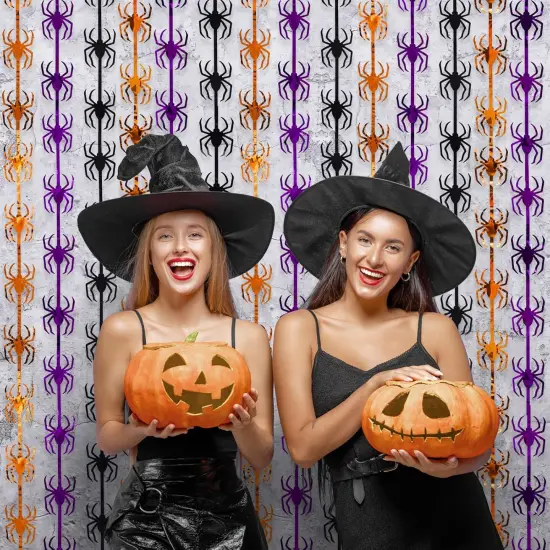 2 Pack Orange Purple and Black Spider Tinsel Foil Fringe Curtains()Orange Purple Black {3}