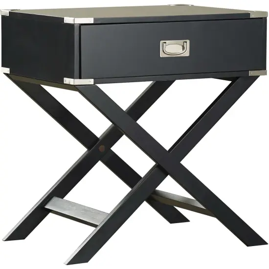 Rectangle Solid Wood End Table with Bronze Hardware Dovetailed Drawer and Cross Leg Base Black {4}