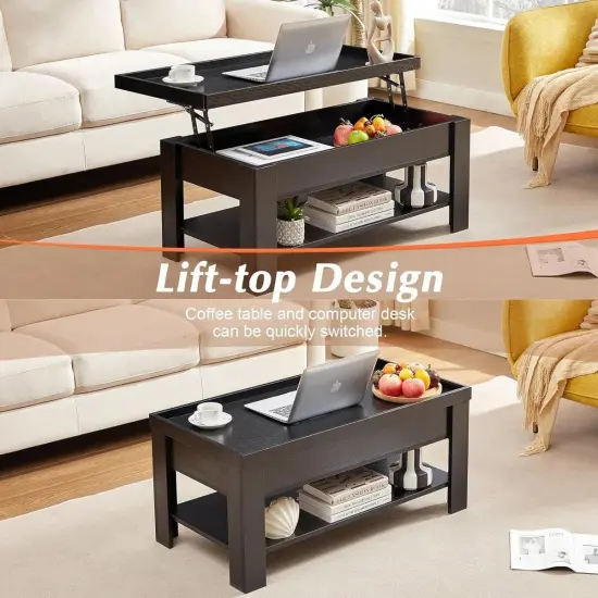 Modern Adjustable Lift Top Coffee Table with Hidden Storage Shelf for Living Room and Office Black {3}