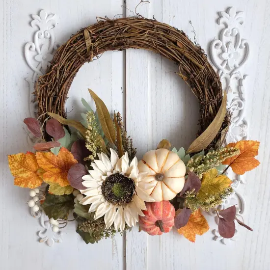 12" Fall Harvest Pumpkin and Sunflower Wreath {4}
