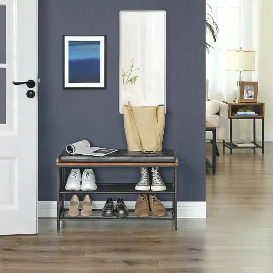 Black Metal-Wood Shoe Bench with Cushioned Seat and 2 Adjustable Shelves {5}