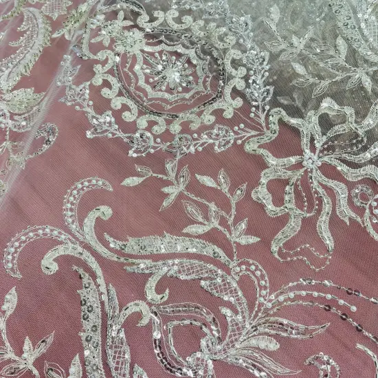 1 Yard Beaded Lace Fabric Embroidered on 100% Polyester Net Mesh, 51" Wide, Premium Lace Fabric for Dresses & Crafts Ivory {7}