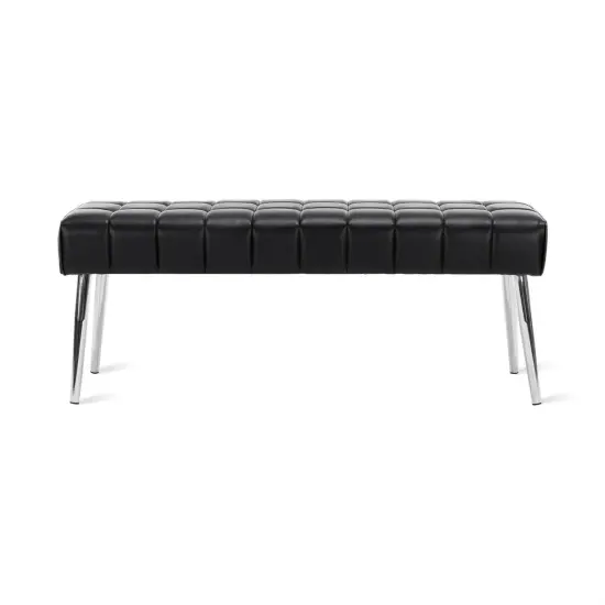 Modern Bedroom Bench with Tufted PU Leather Seat and Tapered Metal Legs for 3 Seating Black {7}